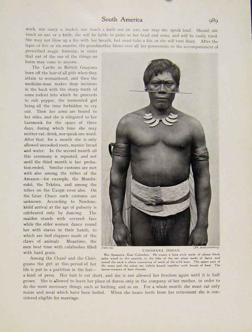 Original Old Antique Print Yabahana Indian Rio Apaporis East Columbia Man Photo
