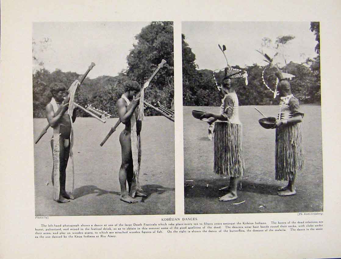Original Old Antique Print Masked Dancers Jaua Indians Kohako Fine Art
