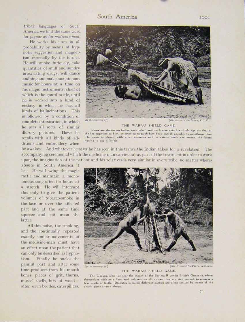 Original Old Antique Print Warau Shield Game Barima River British Guayana