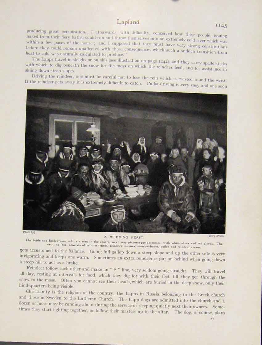 Original Old Antique Print Wedding Feast Bride Bridegroom Reindeer Meet