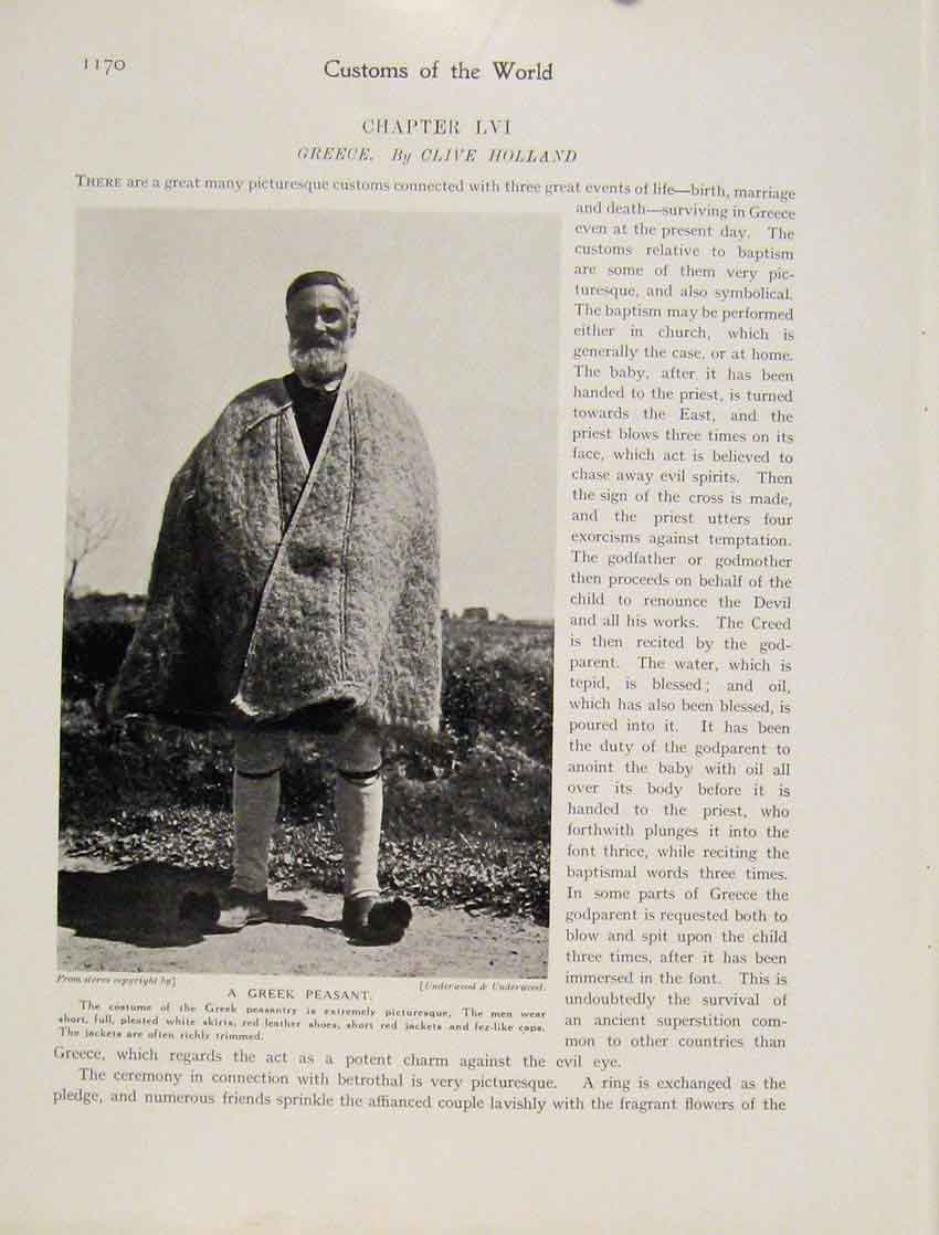 Original Old Antique Print Greek Peasant Picturesque Men Skirt Leather Shoe