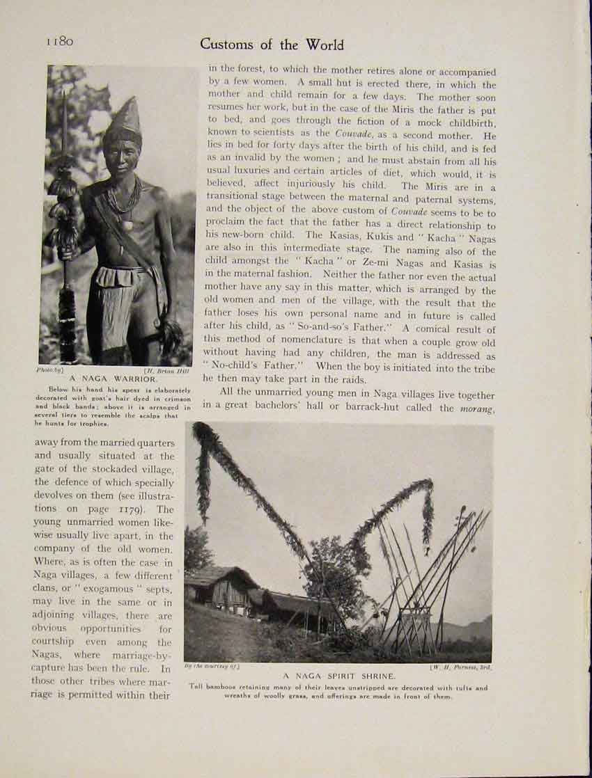 Original Old Antique Print Naga Warrior Spirit Shrine Bamboos Woolly Grass 19th