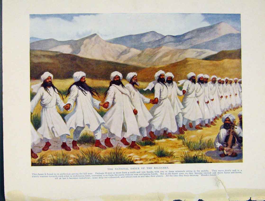 Original Old Antique Print National Dance Baluches Circle Join Hands Color