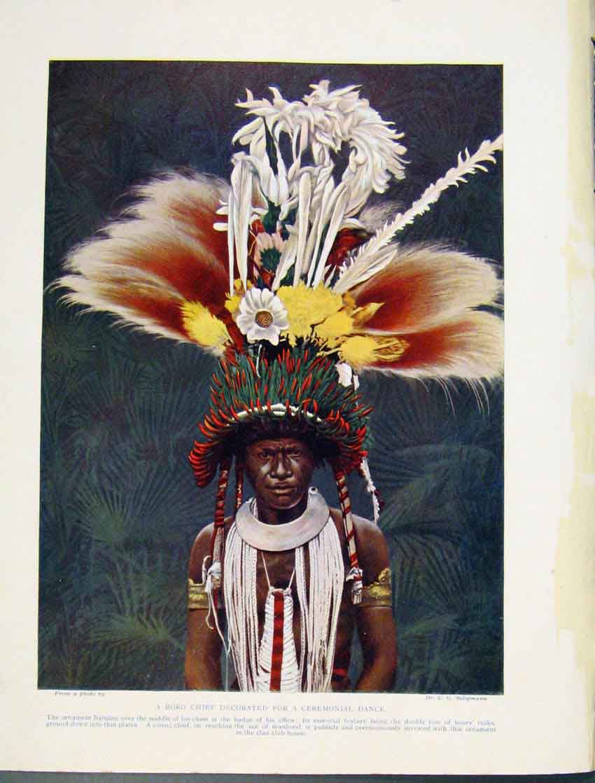 Old Antique Print Roro Chief Decorated Ceremonial Dance Tribe Indian Art