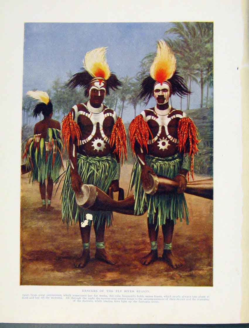Original Old Antique Print Dancers Fly River Region Cermonies Color Fine Art