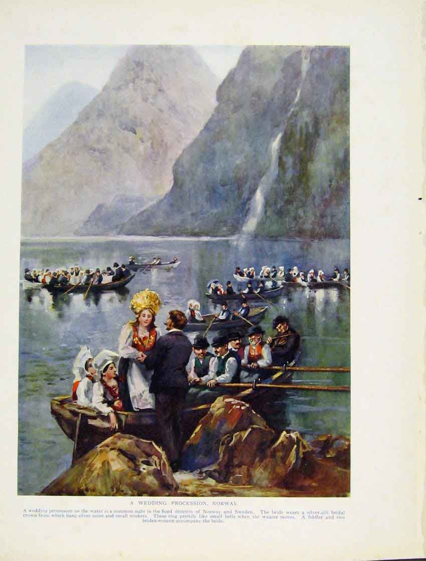 Original Old Vintage Print Wedding Procession Norway Sweden Color C1931 20th