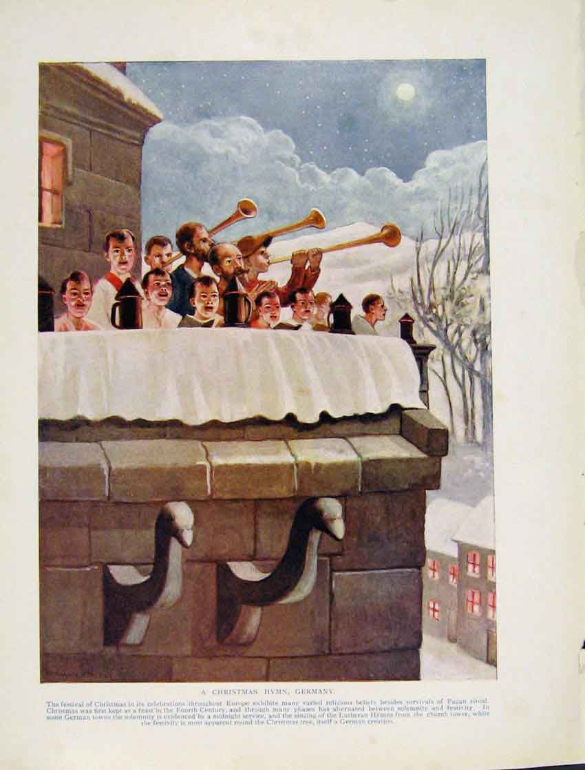 Original Old Antique Print Christmas Hymn Germany Pagan Ritual Singing Color