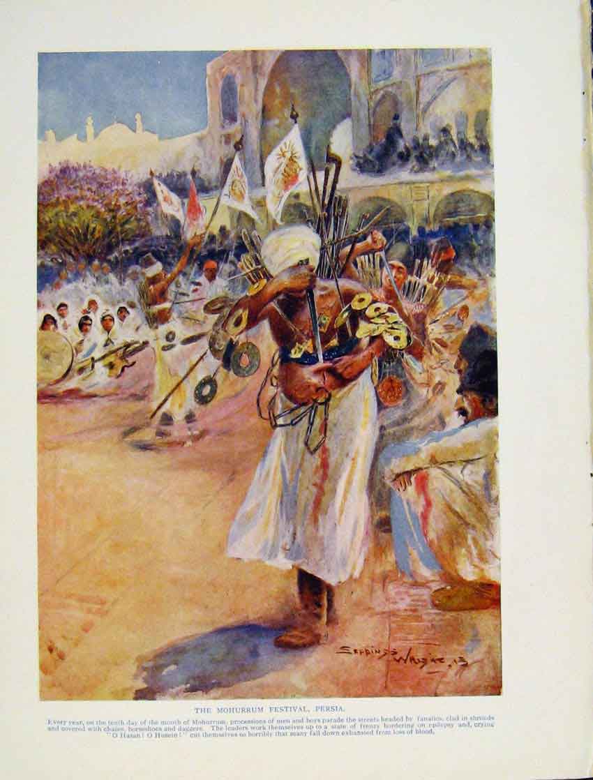 Original Old Vintage Print Mohurrum Festival Persia Color Fine Art C1931 20th