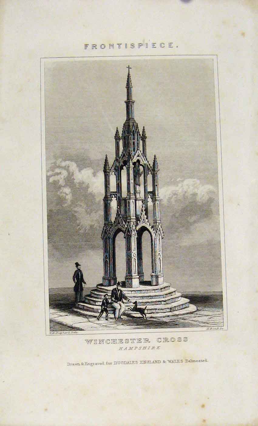Original Old Antique Print Dugdale C1845 Winchester Cross Hampshire Victorian