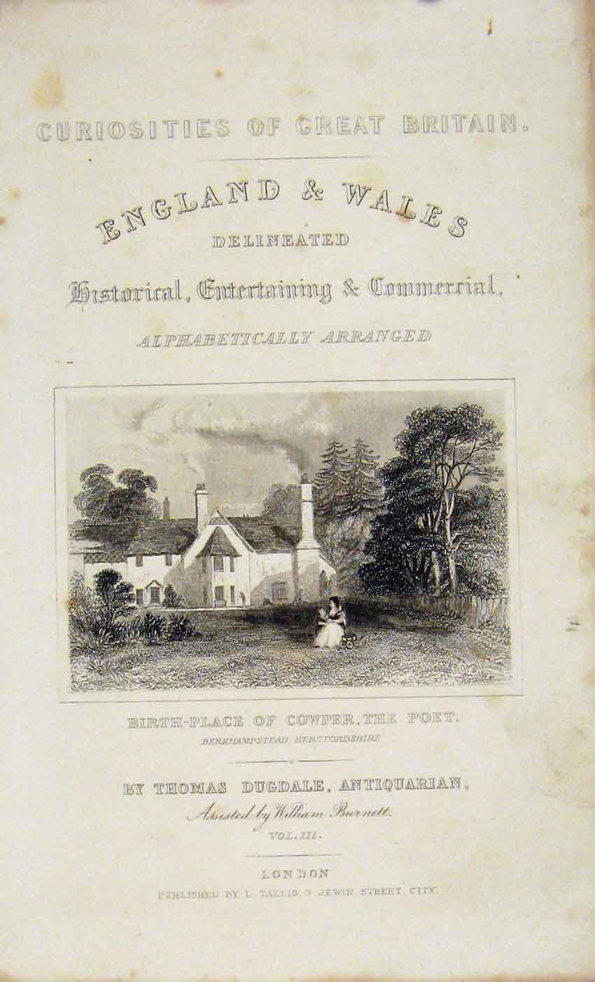 Original Old Antique Print Dugdale C1845 Cowper The Poet Birth Place Victorian