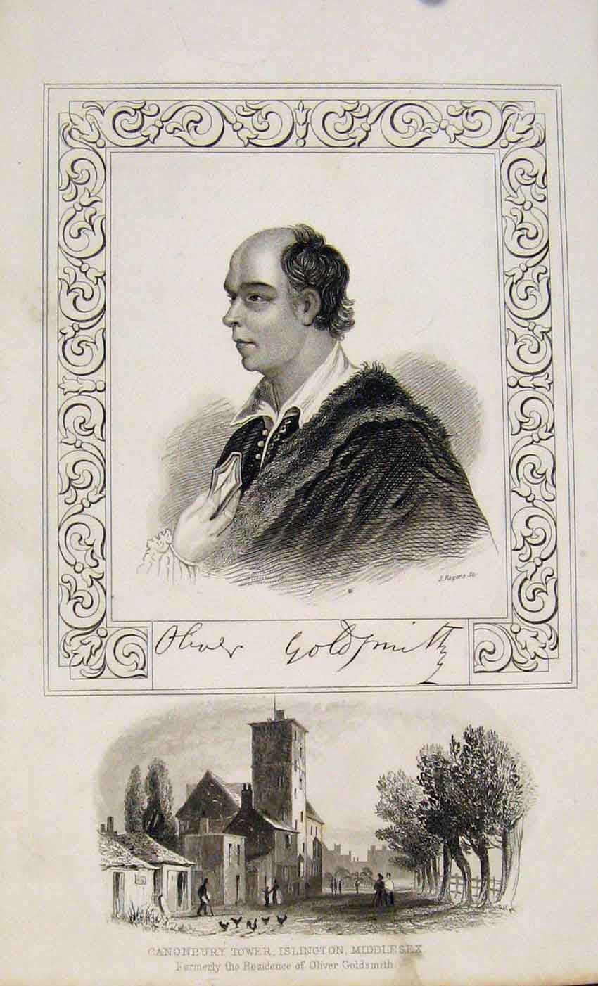 Original Old Antique Print Dugdale C1845 Portraitoliver Gsmith Tower Canonbury