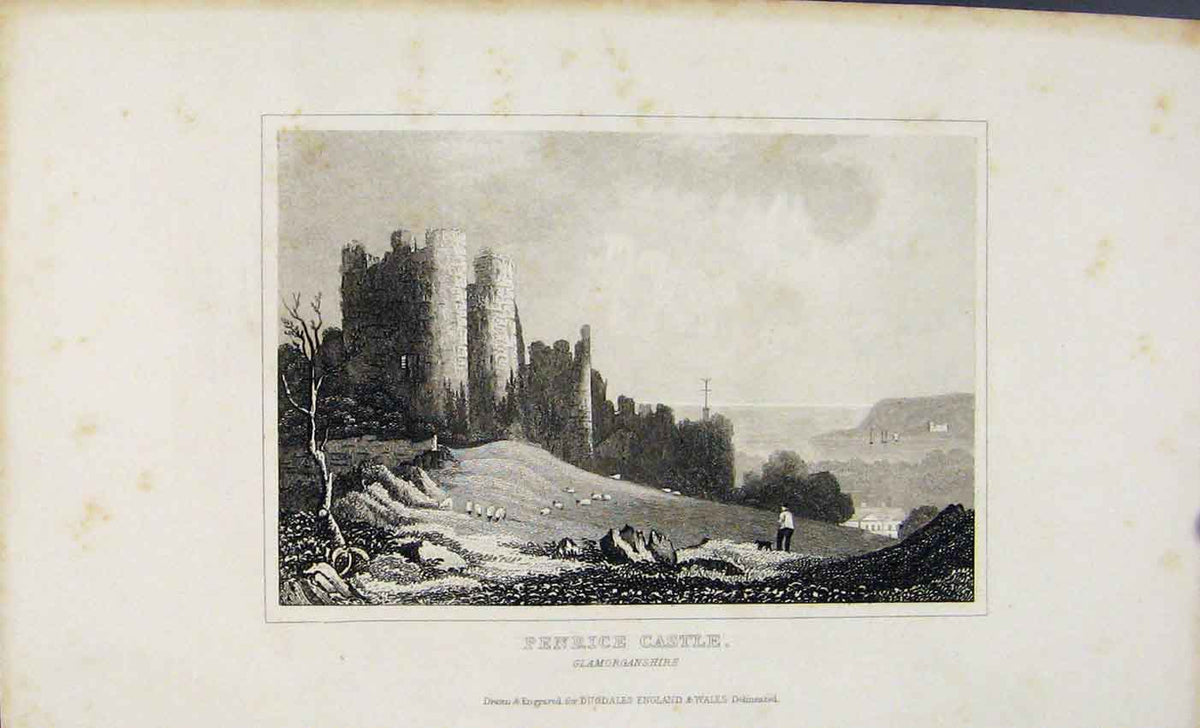 Original Old Antique Print Dugdale C1845 Penrice Castle Glamorgans Victorian