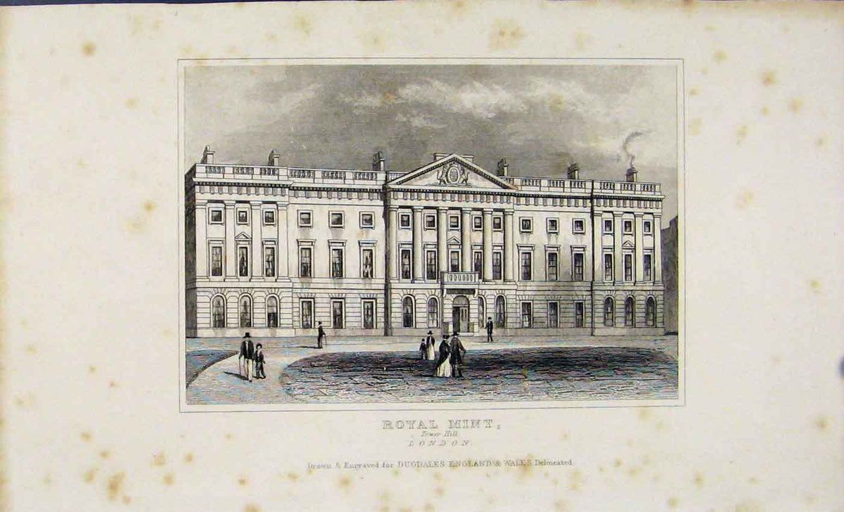 Original Old Antique Print Dugdale 1845 Royal Mint Tower Hill London Victorian