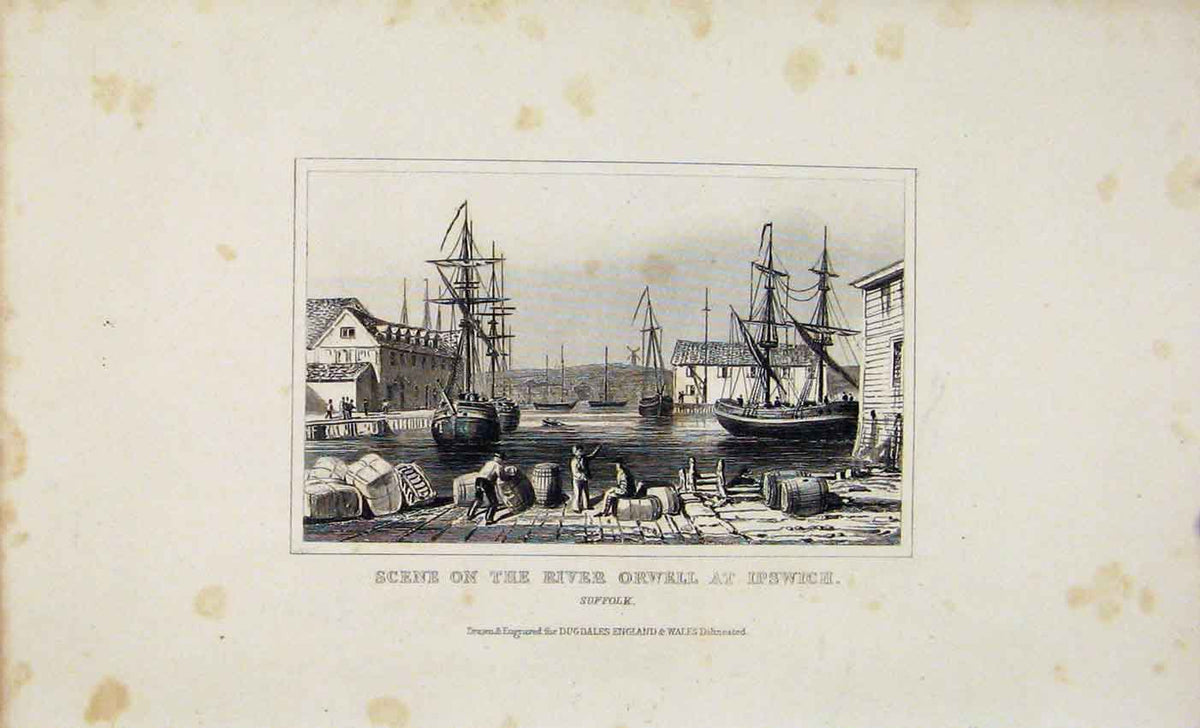 Original Old Antique Print Dugdale C1845 River Orwell Ipswich Suffolk Victorian