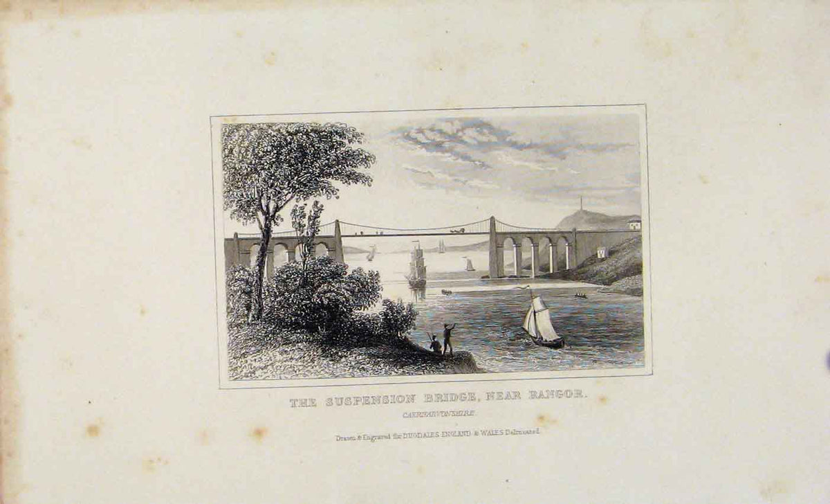 Original Old Antique Print Dugdale C1845 Suspension Bridge Bangor Scot Victorian