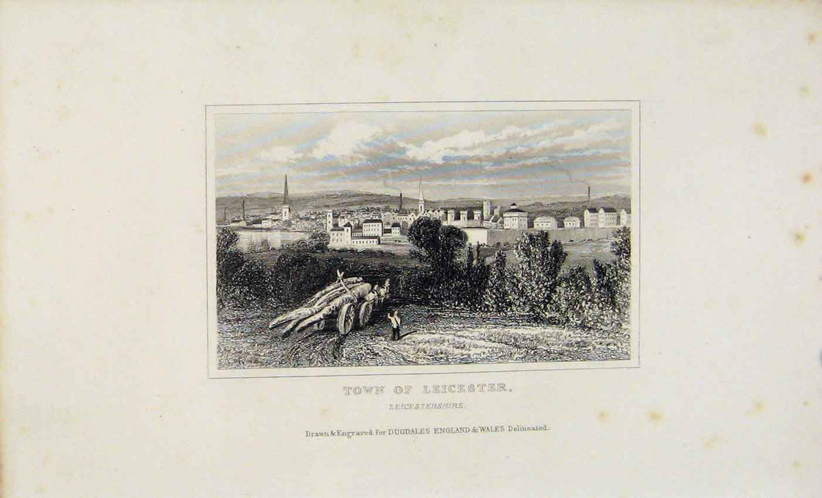 Original Old Antique Print Dugdale C1845 Town Leicester England Art Victorian