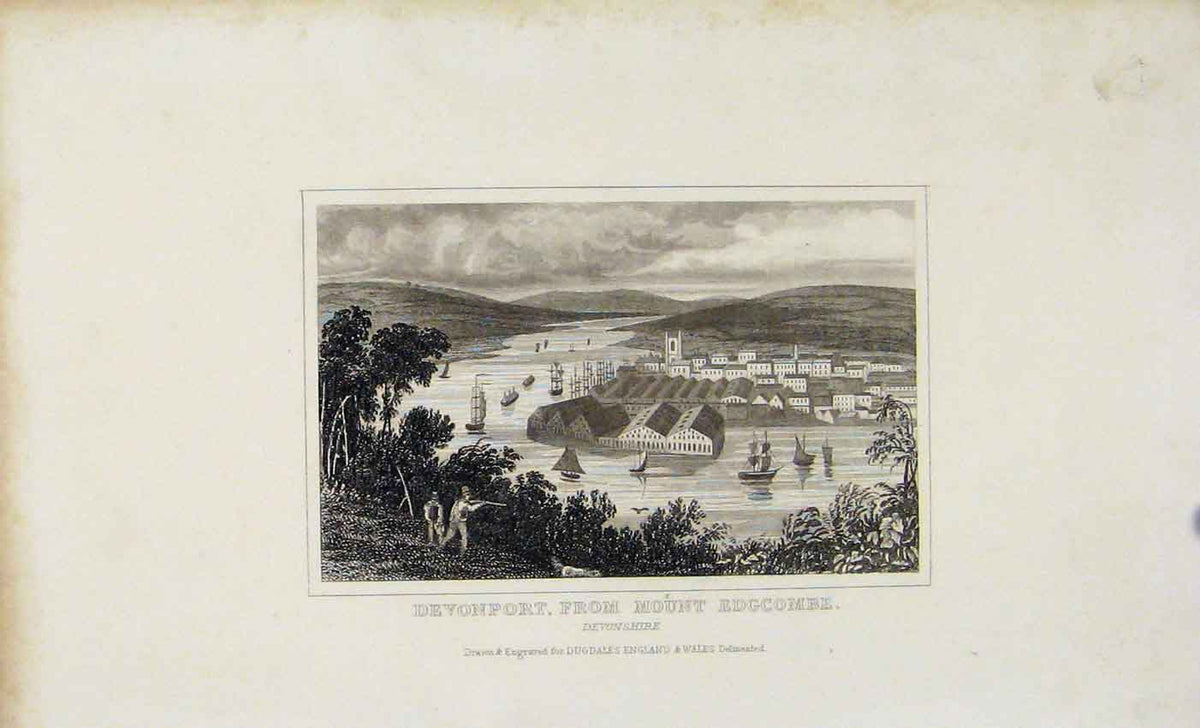 Original Old Antique Print Dugdale C1845 Devonport Mount Edgcombe 19th