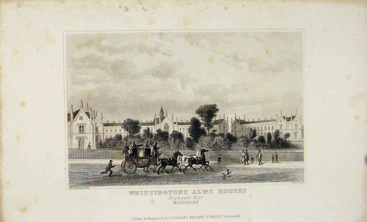 Original Old Antique Print Dugdale 1845 Wittingtons Alms Houses Highgate 19th