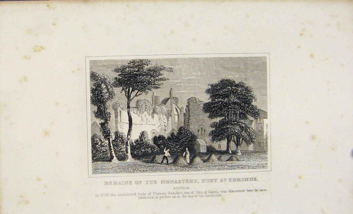Original Old Antique Print Dugdale C1845 Remains Monastery St Edmunds Victorian