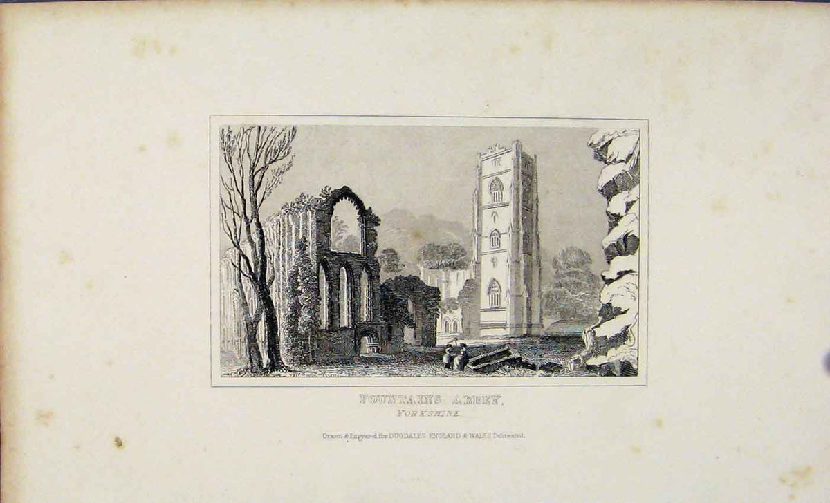 Original Old Antique Print Dugdale C1845 Fountains Abbey Yorkshire Victorian