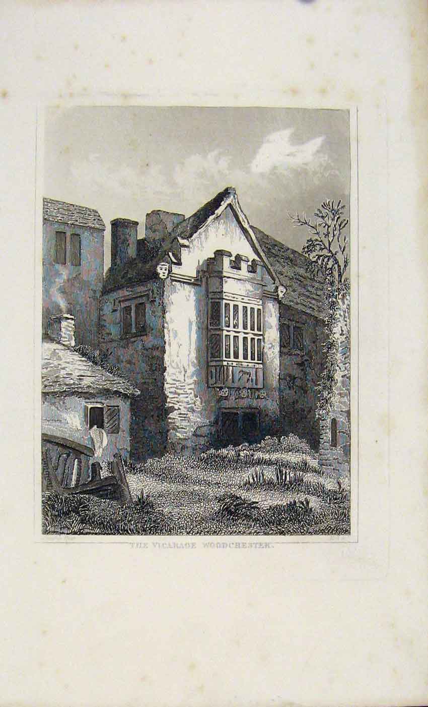 Original Old Antique Print Dugdale C1845 Vicarage Woodchestek Art 19th