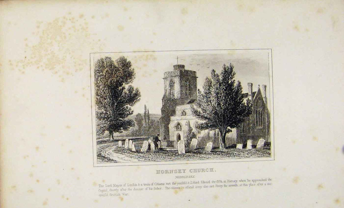 Original Old Antique Print Dugdale C1845 Hornsey Church Middlesex 19th