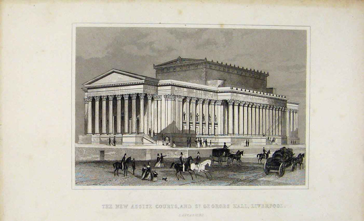 Original Old Antique Print Dugdale C1845 New Assize Courts Liverpool Victorian