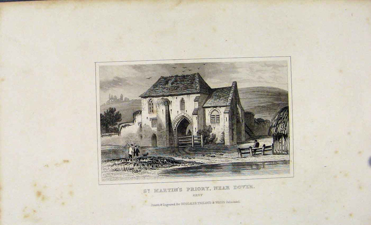 Original Old Antique Print Engraving St Martins Priory Dover Kent Dugdale C1845