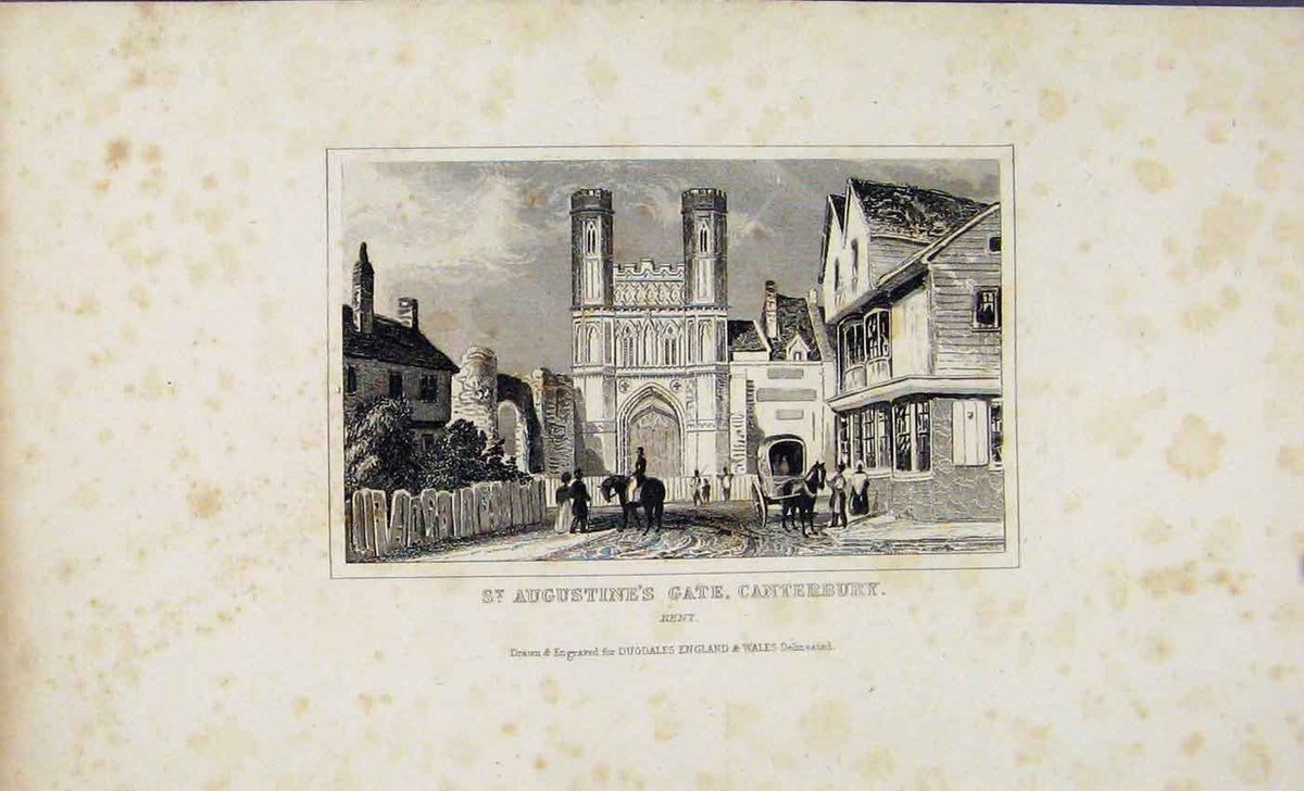 Original Old Antique Print St Augustines Gate Canterbury Kent C1845 Dugdale 19th