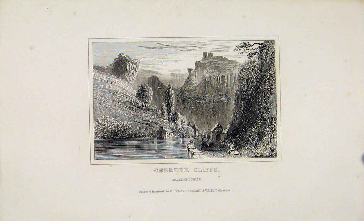 Original Old Antique Print Chedder Cliffs C1845 Dugdale England Art Victorian