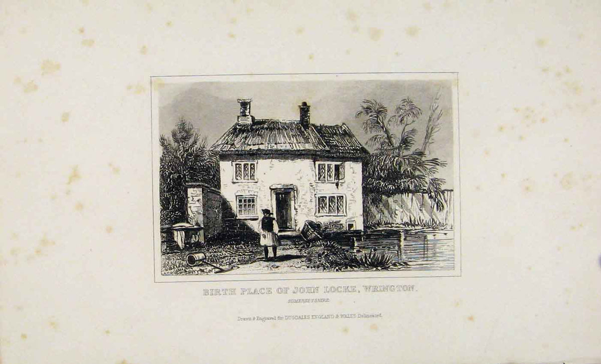 Old Antique Print Birth Place John Locke Wrington Somerset Dugdale C1845 19th