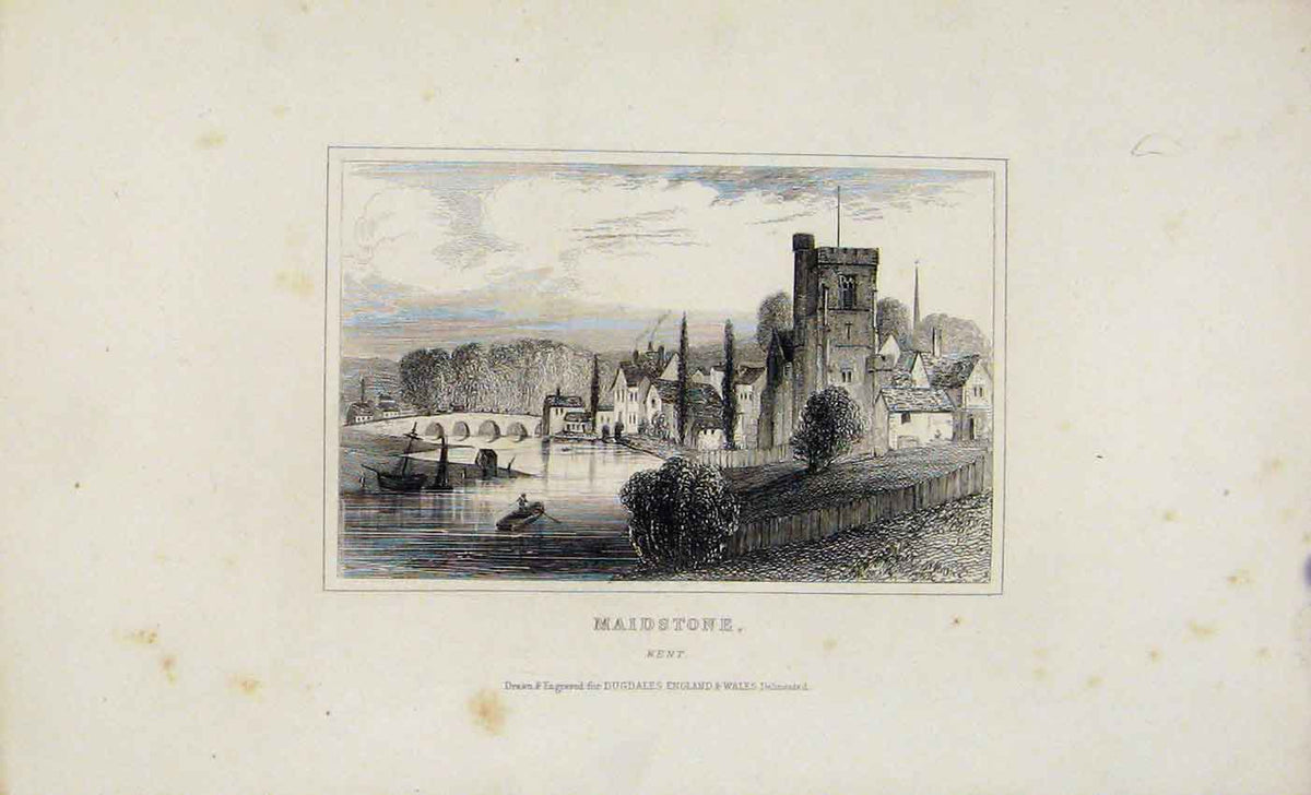 Original Old Antique Print C1845 Dugdale Maidstone Kent England Prin Victorian