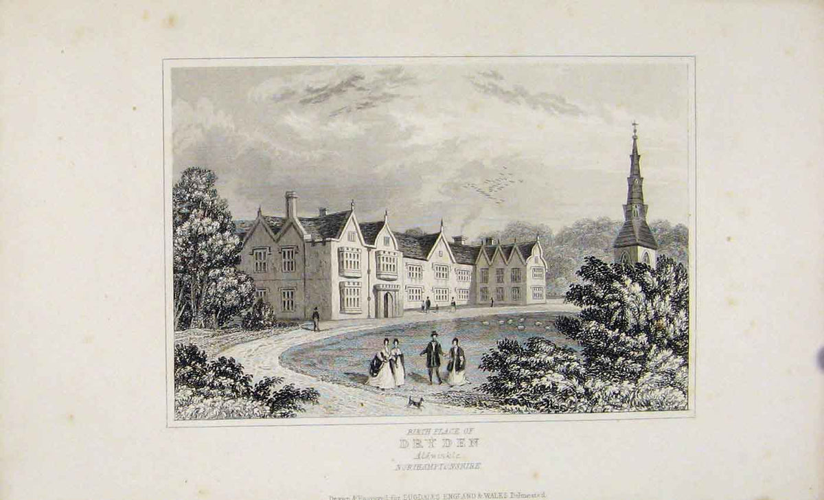 Original Old Antique Print Dugdale C1845 Birth Dryden Aldwinkle Northamptonshire