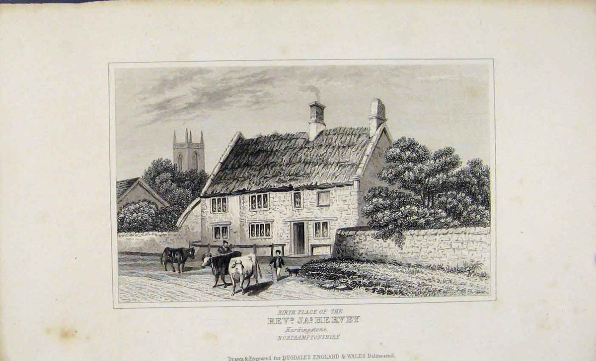 Original Old Antique Print Birth Place Rev Hervery Hardingstone Dugdale C1845
