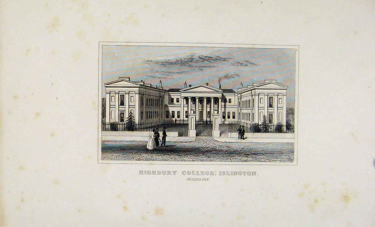 Original Old Antique Print Highbury College Islington Dugdale C1845 Victorian