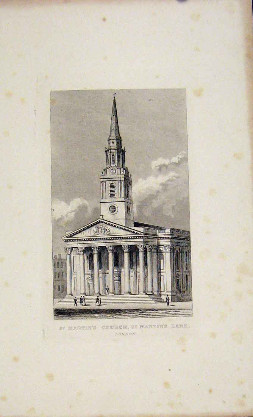 Original Old Antique Print St Martins Church London Dugdale C1845 19th