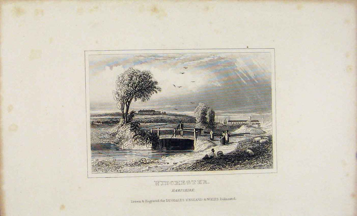 Original Old Antique Print C1845 Winchester Hampshire England 19th