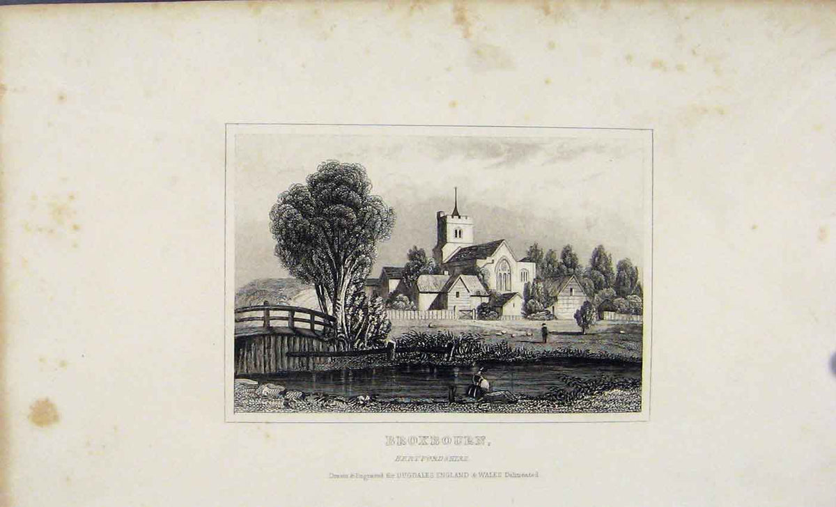 Original Old Antique Print Broxbourn Hertfordshire C1845 Dugdale 19th