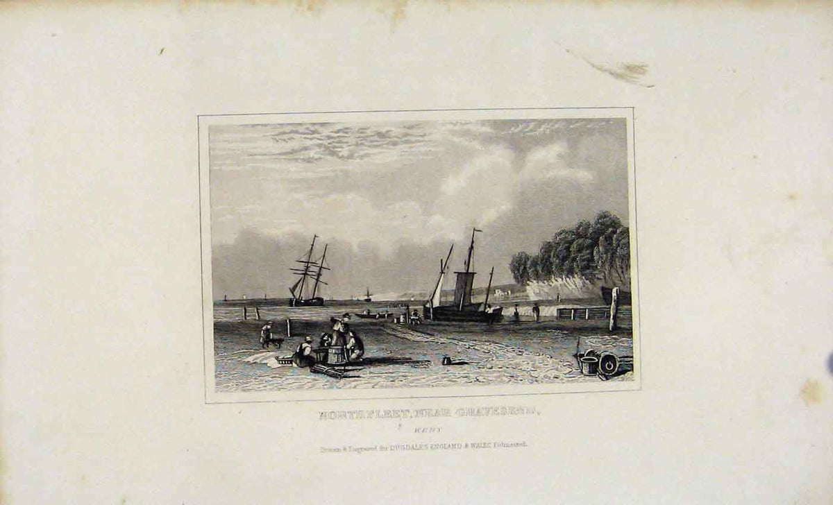 Original Old Antique Print Northfleet Newar Gravesend Kent Dugdale C1845 19th
