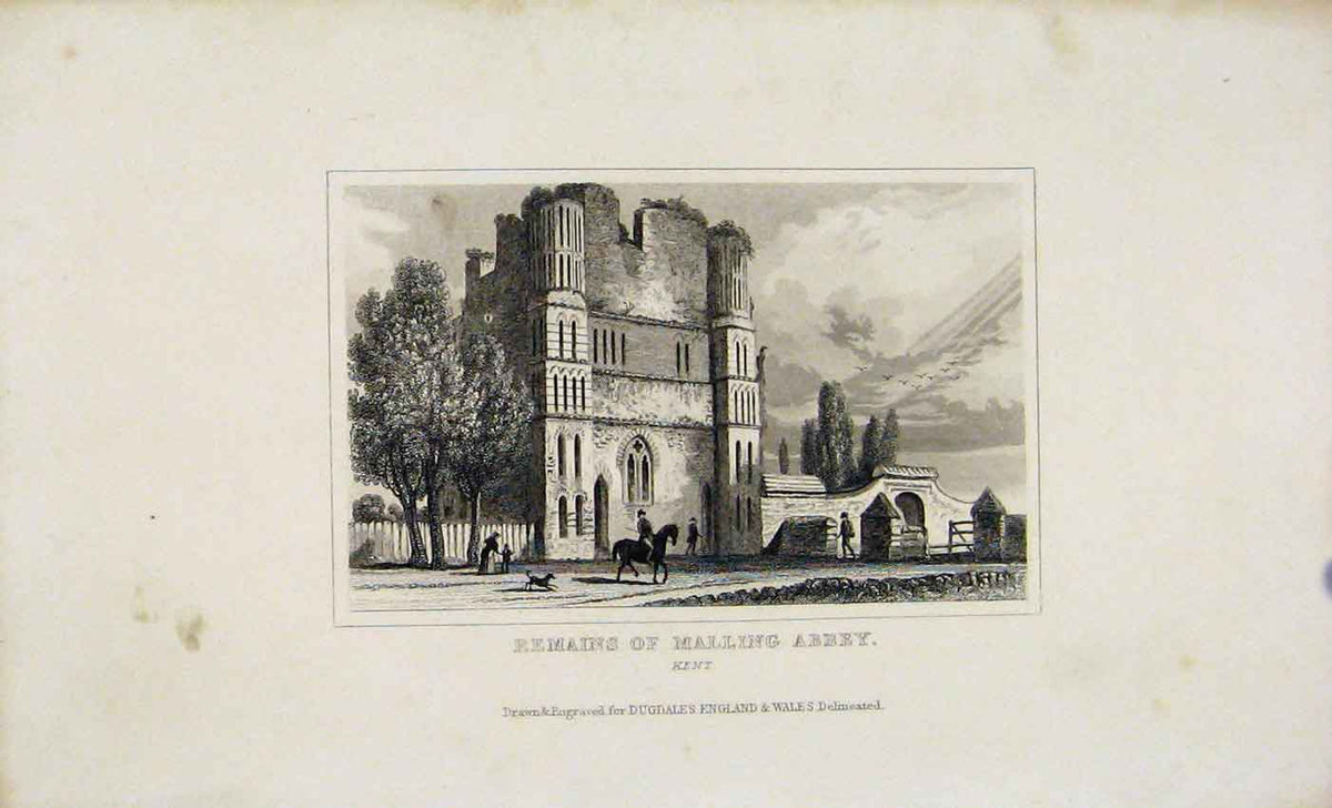 Original Old Antique Print Remaing Malling Abbey Kent Dugdale C1845 Victorian