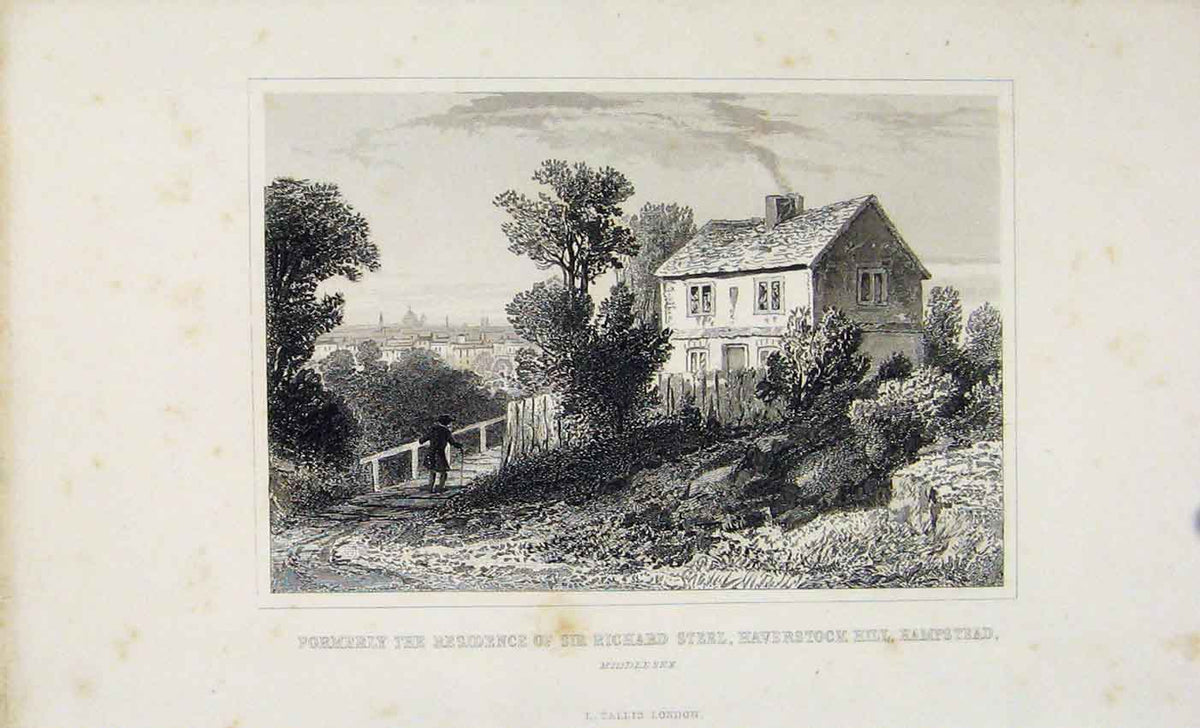 Old Antique Print Sir Richard Steel Havestock Hill Hampstead 1845 Dugdale 19th