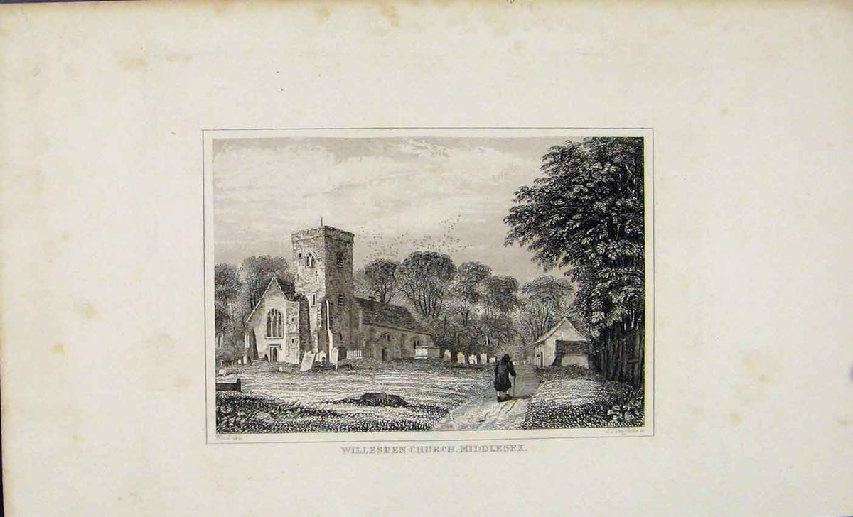 Original Old Antique Print Willesden Church Middlesex Dugdale C1845 Victorian