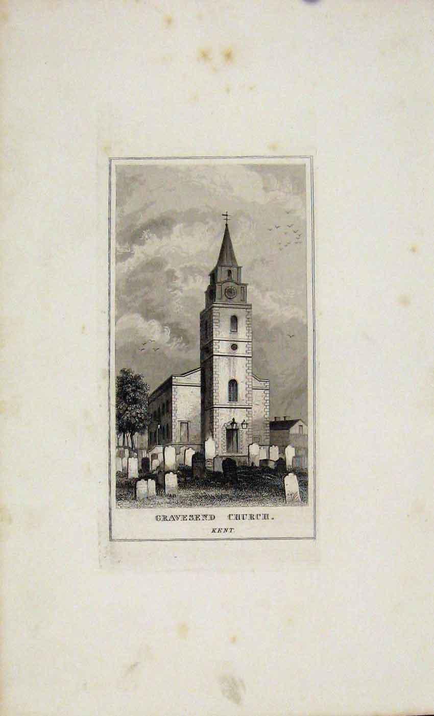 Original Old Antique Print Gravesend Church Kent C1845 Dugdale Art Victorian