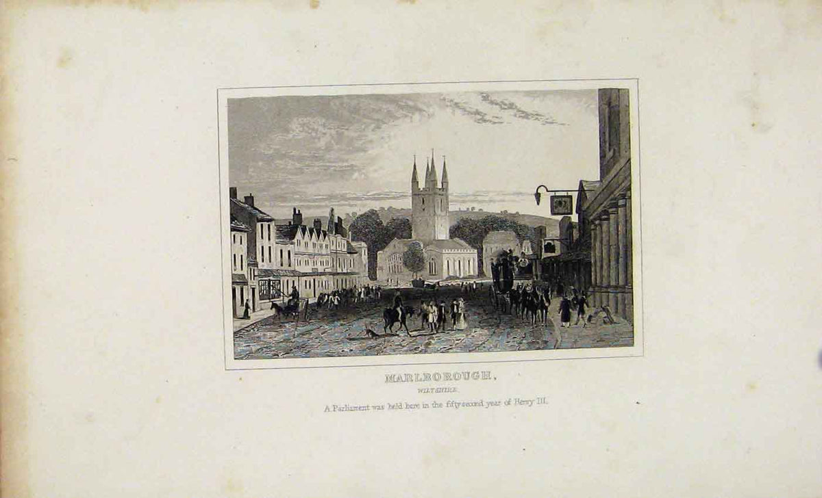 Original Old Antique Print Marlrorough Wiltshire C1845 Dugdale 19th