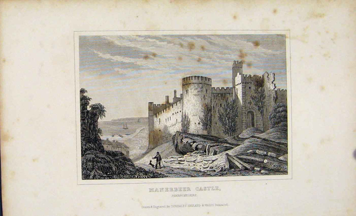 Original Old Antique Print Hanerbeer Castle Permbrokeshire Dugdale 1845 19th