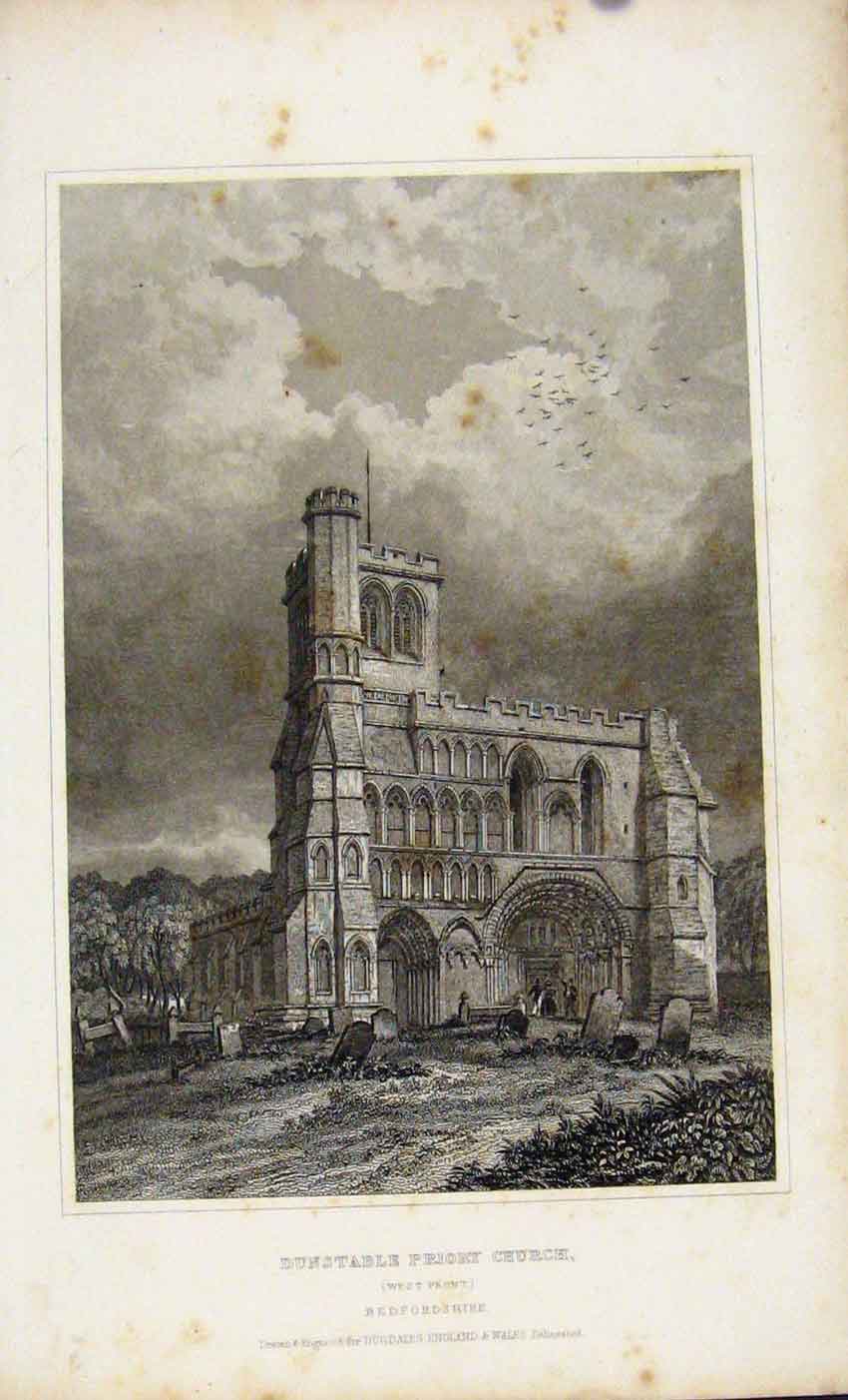 Original Old Antique Print C1845 Dugdale Dunstable Priory Church Bedford 19th