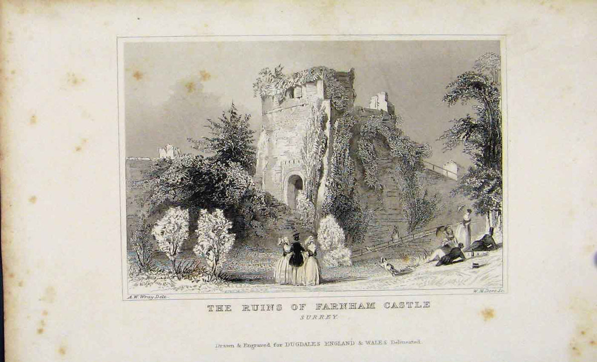 Original Old Antique Print C1845 Dugdale Ruins Farnham Castle Surrey Victorian