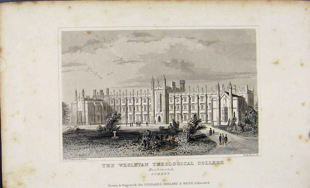 Original Old Antique Print Wesleyan Theological College Richmond C1845 Dugdale