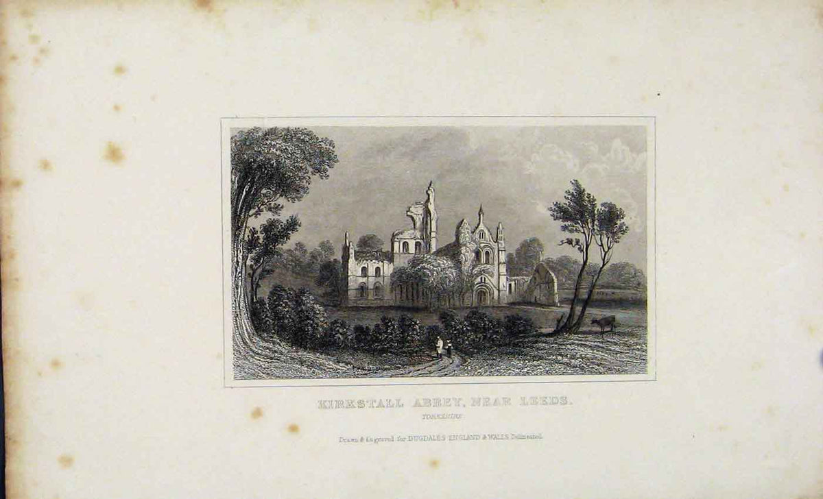 Original Old Antique Print Kirkstall Abbey Near Leeds C1845 Dugdale England 19th