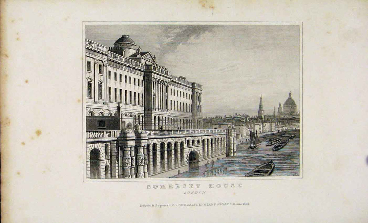 Original Old Antique Print Dugdale C1845 Somerset House London England Victorian